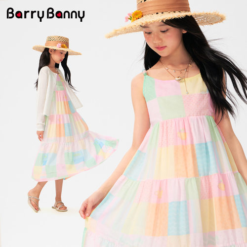 BarryBanny女童撞色格子吊带裙