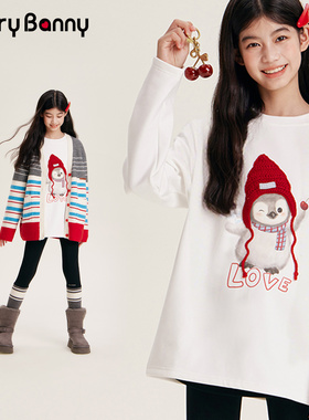 BarryBanny女童企鹅长袖T恤2026新款春季女孩儿童中大童印花上衣