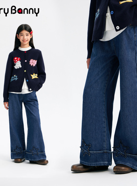 BarryBanny女童加绒牛仔裤秋冬新款儿童中大童保暖阔腿裤宽松裤子
