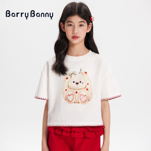BarryBanny女童萌宠印花短袖 儿童圆领宽松上衣女 T恤2025夏季 新款