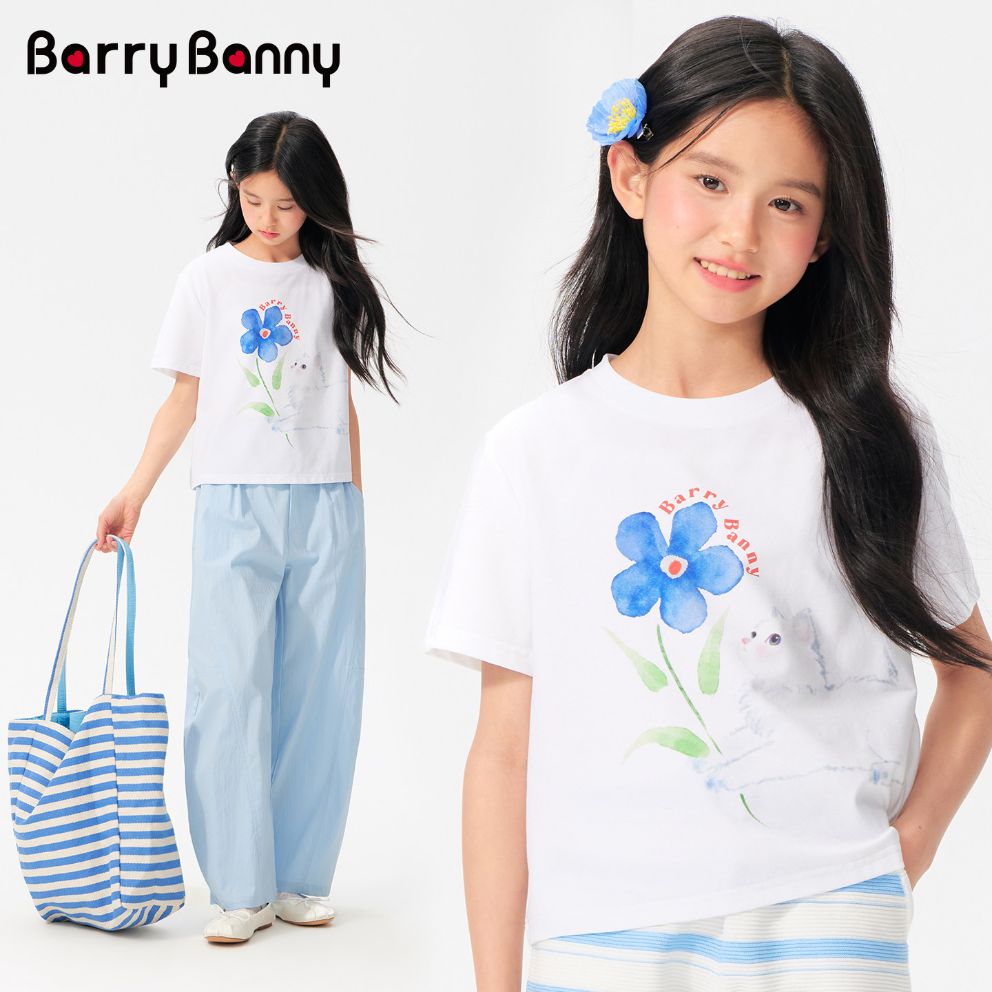 BarryBanny女童猫咪印花短袖T恤2026夏季新款儿童10A抗菌圆领上衣