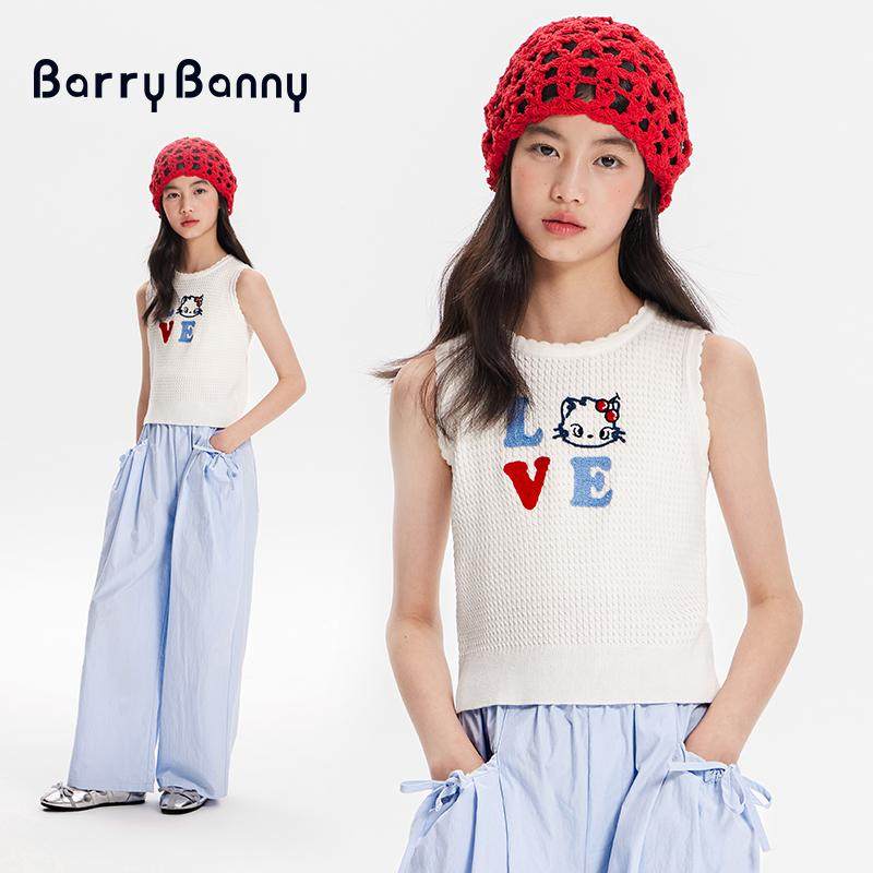 BarryBanny女童针织背心夏季新款儿童可爱猫咪休闲圆领无袖上衣