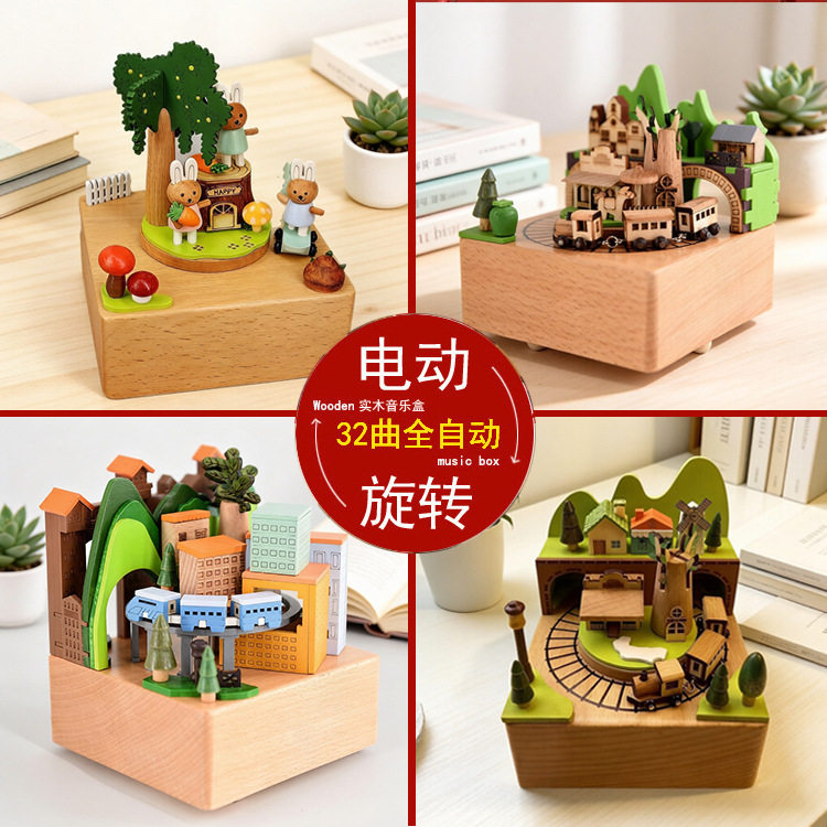 白声机音乐盒可旋转木马玩具木质桌面摆件机械发条六一儿童节礼物图片