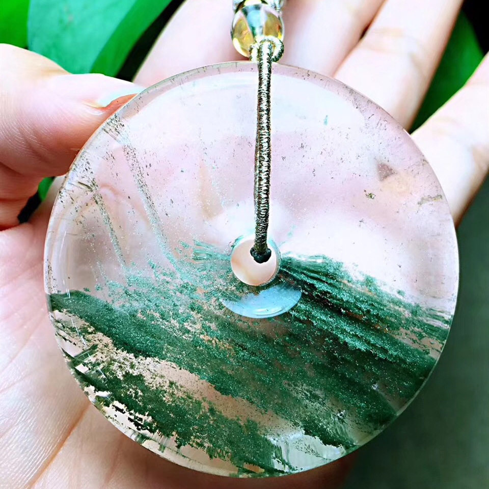 天然绿幽灵平安扣白水晶金字塔吊坠 绿幽灵彩 幽灵聚宝盆千层山