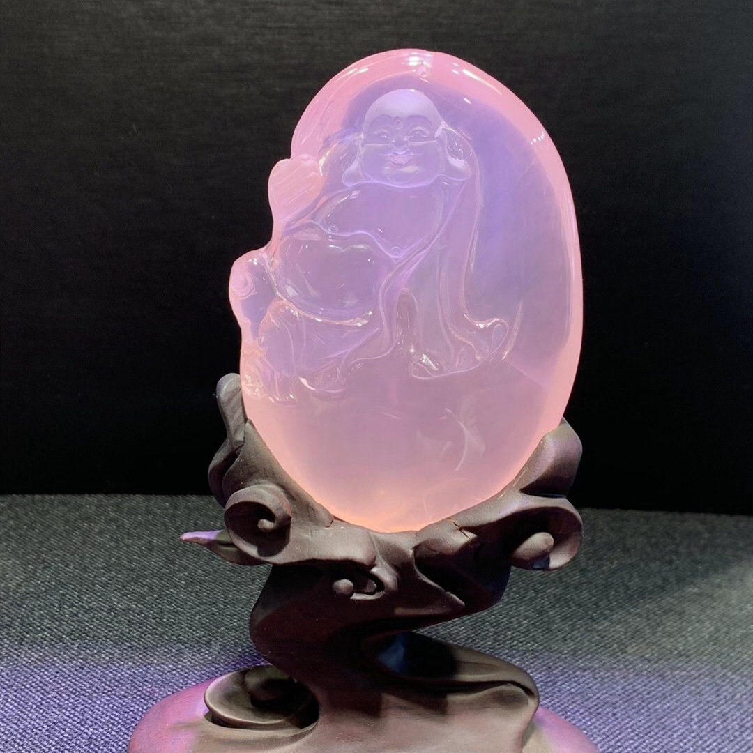 天然莫桑比克冰种粉晶星光粉水晶弥勒佛大肚佛雕刻摆件