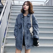 春秋2019新款 韩版 学生宽松百搭bf原宿潮 中长款 纯色牛仔衣外套女装