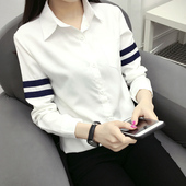 女初中高中学生休闲宽松长袖 时尚 衬衫 条纹衬衣打底衫 春装 新款 韩版