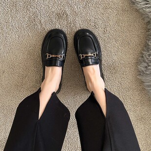 春秋工作鞋 乐福鞋 2026新款 英伦风黑色小皮鞋 子 女一脚蹬平底单鞋