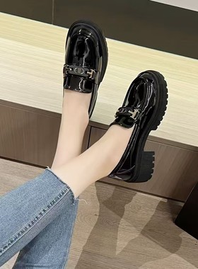2026新款春秋小皮鞋女一脚蹬黑色乐福鞋厚底增高单鞋jk工作女鞋子