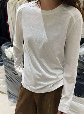 DW韩国早春高级洋气雪花棉小白T圆领线条白色长袖T恤女上衣8210