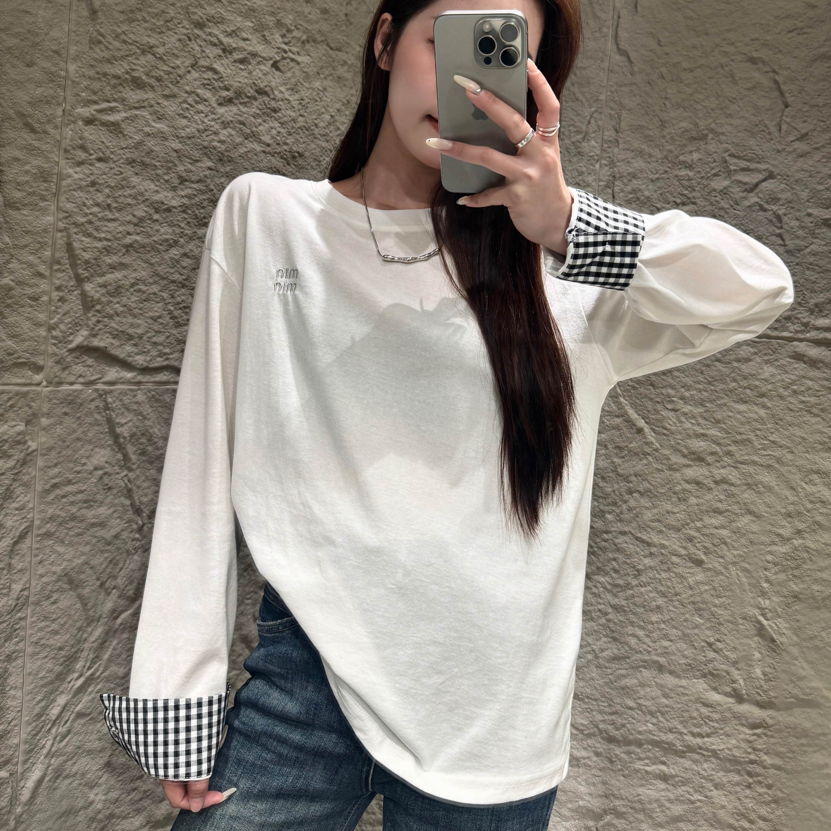 长袖T恤女2026春季洋气韩版格子袖子拼接宽松百搭打底衫内搭7436