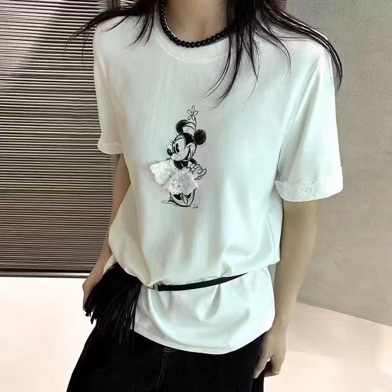 2025春夏新款米奇印花蕾丝拼接T恤女短袖百搭休闲圆领上衣7699