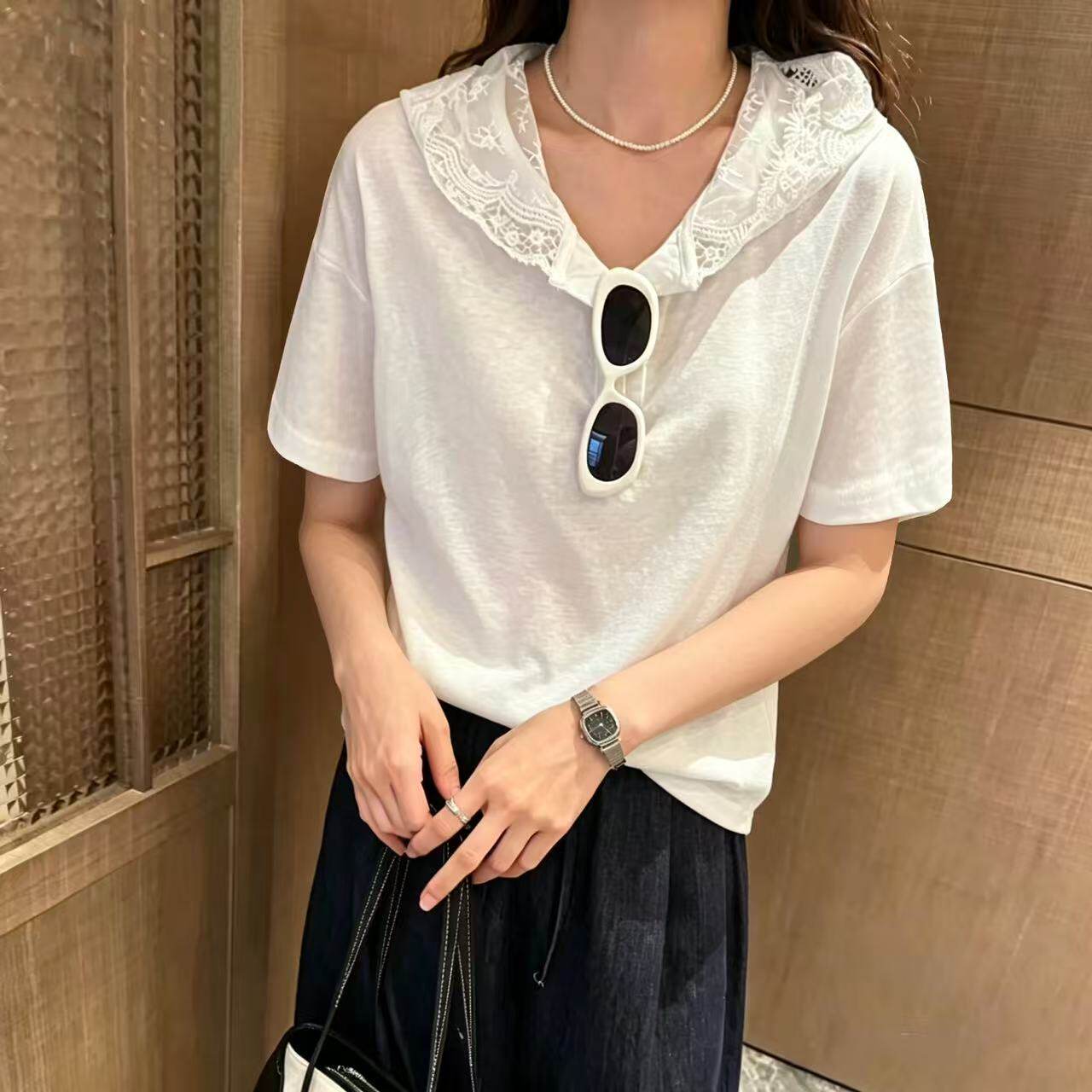 洋气镂空蕾丝连帽短袖T恤女新款夏大版宽松设计感雪花棉上衣8596