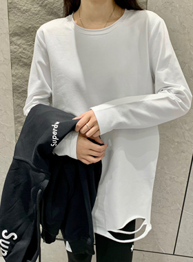 DW2025秋冬季爆款圆领磨毛加绒下摆割破破洞中长款白色长袖1001