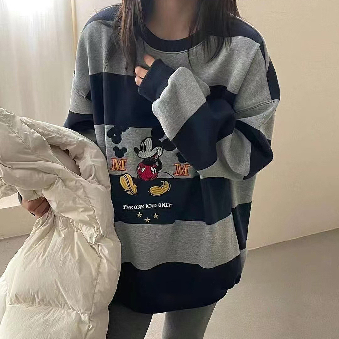 DW卡通刺绣米奇加绒加厚圆领卫衣女2025冬装韩系减龄宽松条纹7407
