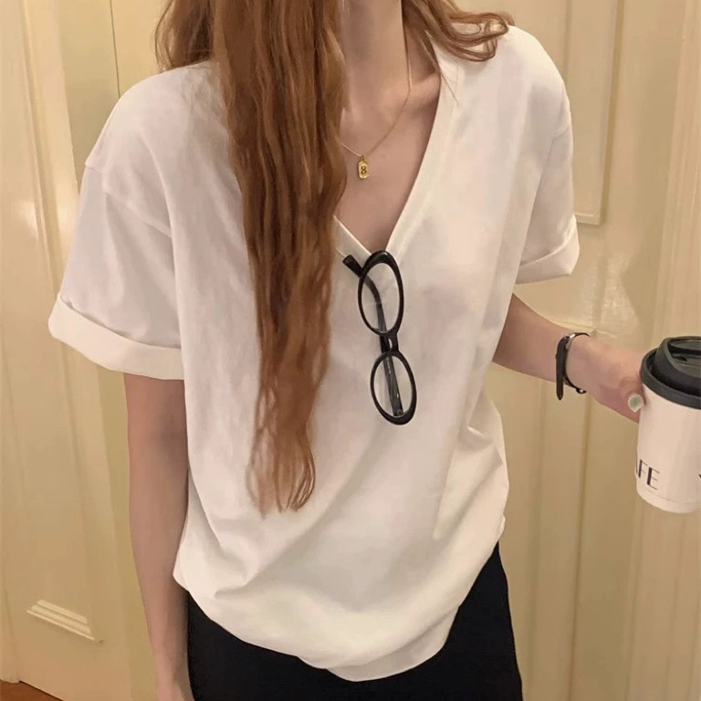 DW正品2026春夏新款洋气纯色百搭显瘦大版V领短袖T恤女款上衣7757
