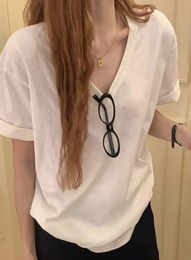 DW正品2025春夏新款洋气纯色百搭显瘦大版V领短袖T恤女款上衣7757
