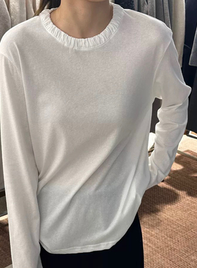 DW白色长袖T恤女秋冬简约百搭立领薄料花边设计感上衣打底衫8108