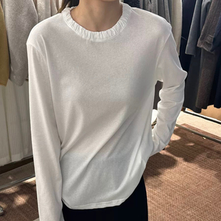 DW白色长袖T恤女秋冬简约百搭立领薄料花边设计感上衣打底衫8108