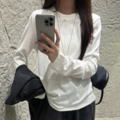 显瘦简约纯色百搭雪花棉长袖 T恤女秋冬打底白色中领上衣8150