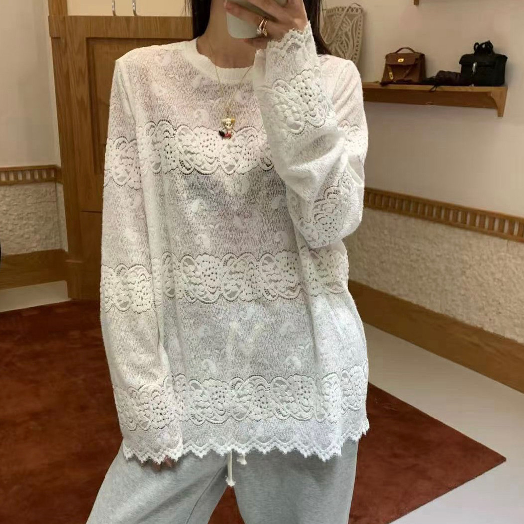 DW洋气微透镂空钩花蕾丝长袖T恤女宽松显瘦打底衫叠穿上衣8273