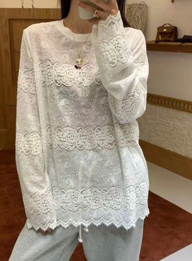 DW洋气微透镂空钩花蕾丝长袖T恤女宽松显瘦打底衫叠穿上衣8273