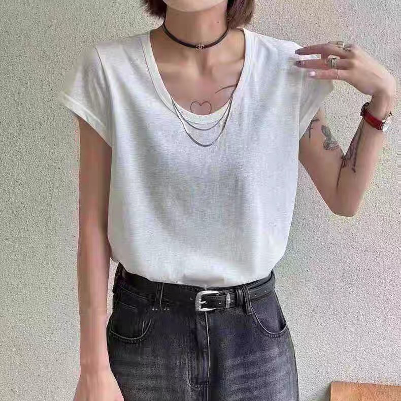 简约配链子低圆领短袖T恤女夏季洋气新款宽松纯色百搭上衣7727