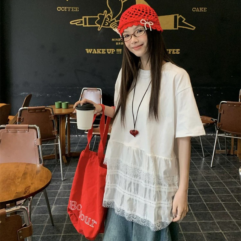 DW白色蕾丝花边下摆短袖T恤女夏季韩版设计感宽松圆领上衣ins7683