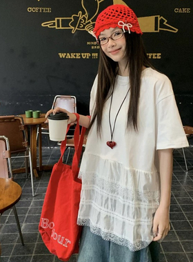 DW白色蕾丝花边下摆短袖T恤女夏季韩版设计感宽松圆领上衣ins7683