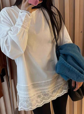2025秋冬洋气百搭棉质拼接蕾丝边打底衫女花边白色长袖T恤8008