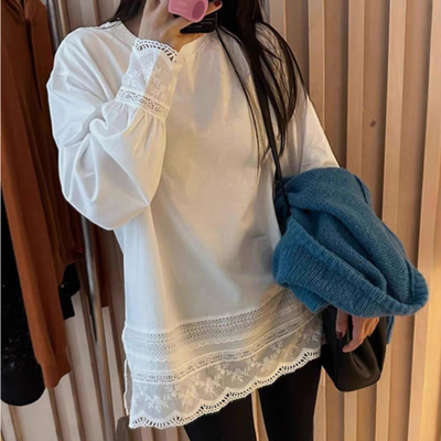 2025秋冬洋气百搭棉质拼接蕾丝边打底衫女花边白色长袖T恤8008
