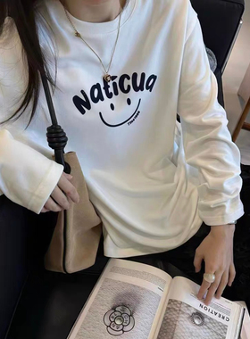 DW2025秋冬厚料韩版时尚圆领宽松显瘦植绒笑脸字母t恤女8136