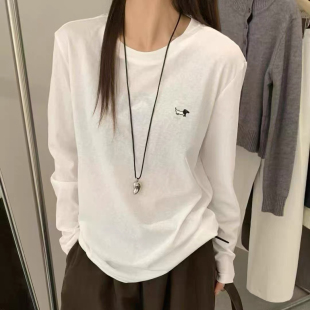 DW2026春秋休闲风圆领雪花棉长袖 刺绣小狗叠穿白色棉T恤女7967