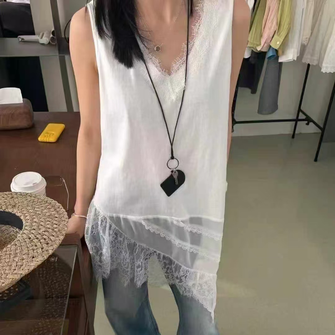 蕾丝拼接V领无袖背心女不规则下摆叠穿背心T恤欧洲站2026春装8317