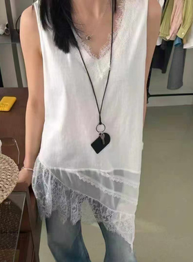 蕾丝拼接V领无袖背心女不规则下摆叠穿背心T恤欧洲站2026春装8317