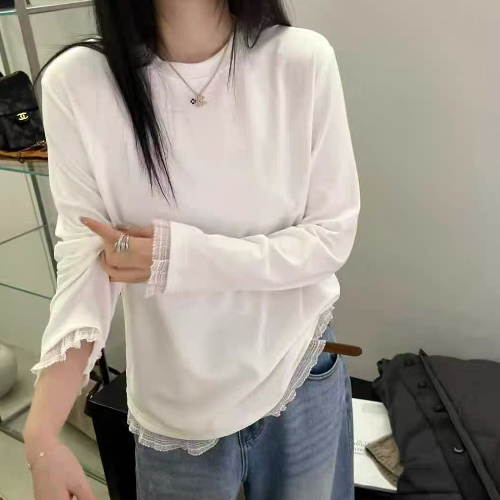 2025秋冬新款小版圆领德绒拼接蕾丝花边长袖打底衫女上衣潮8188