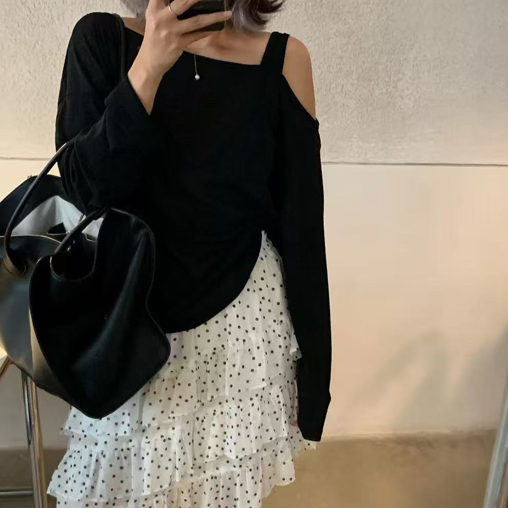 冰丝单肩薄款长袖T恤女纯色宽松显瘦露肩防晒衫上衣夏季韩版8608