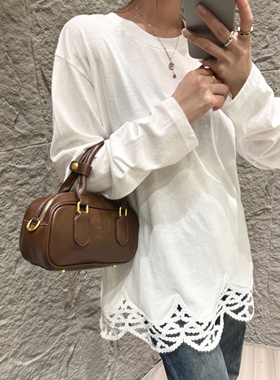 2025秋季新款百搭拼接蕾丝边白色长袖T恤女宽松百搭叠穿圆领7558