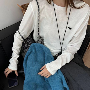 2025春秋季洋气高级感百搭薄款打底T恤女小狗刺绣长袖上衣7951
