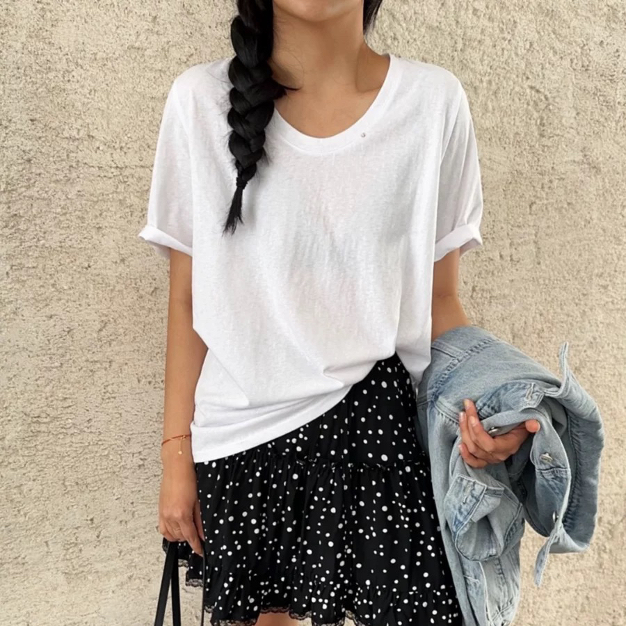 DW2025夏季锁骨U领金属星星标短袖雪花棉T恤上衣内搭韩版休闲7776