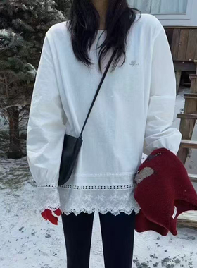 DW镂空蕾丝拼接袖衣袖长袖T恤女秋冬设计感别致百搭叠穿上衣8209