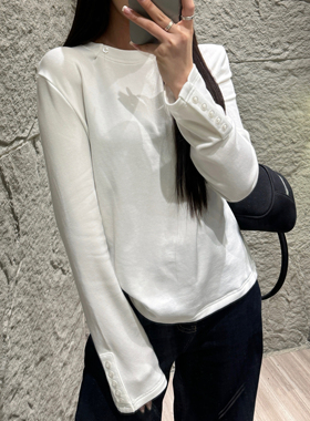 2025秋冬洋气加绒捏拆领袖口排扣宽松加绒长袖打底衫T恤女潮8075