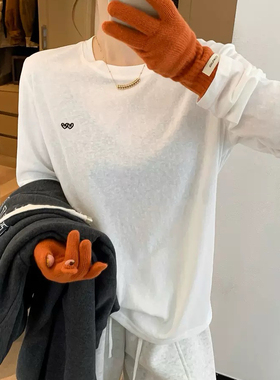 DW春秋白色长袖圆领爱心刺绣T恤女雪花棉新款显瘦百搭上衣8173