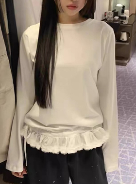 DW春秋褶皱荷叶边下摆长袖纯色T恤新款减龄气质抽绳系带上衣8189