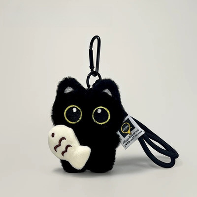 可爱呆萌抱小鱼大眼黑猫挂件毛绒玩偶情侣包挂件创意小黑猫钥匙扣