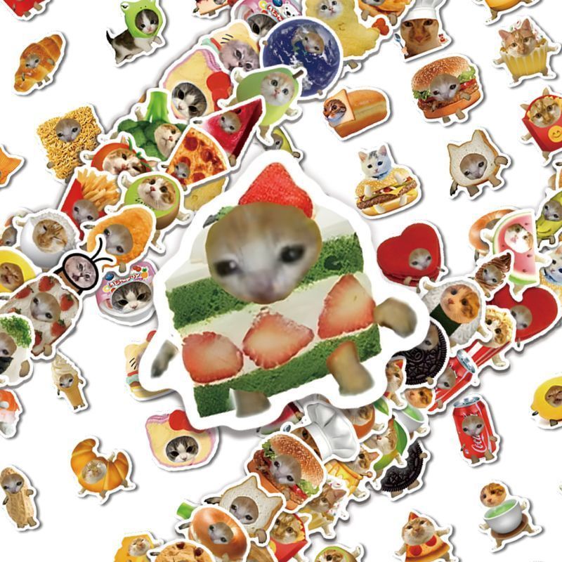 150张搞笑小猫猫meme贴纸蔬菜水果猫猫头沙雕猫咪创意防水贴画