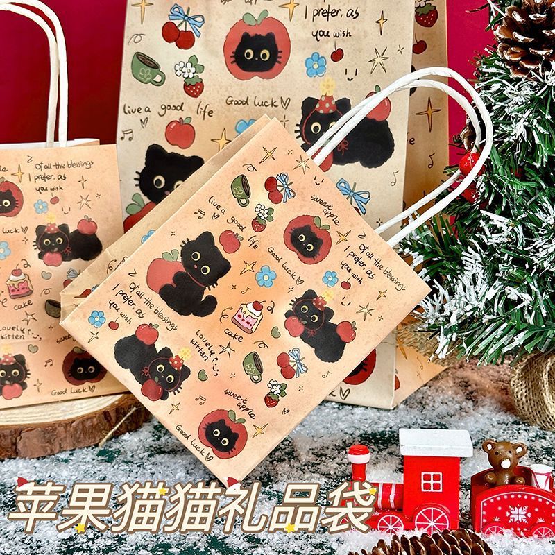 苹果小黑猫圣诞节装苹果高颜值ins牛皮纸袋精美送礼品包装袋可爱