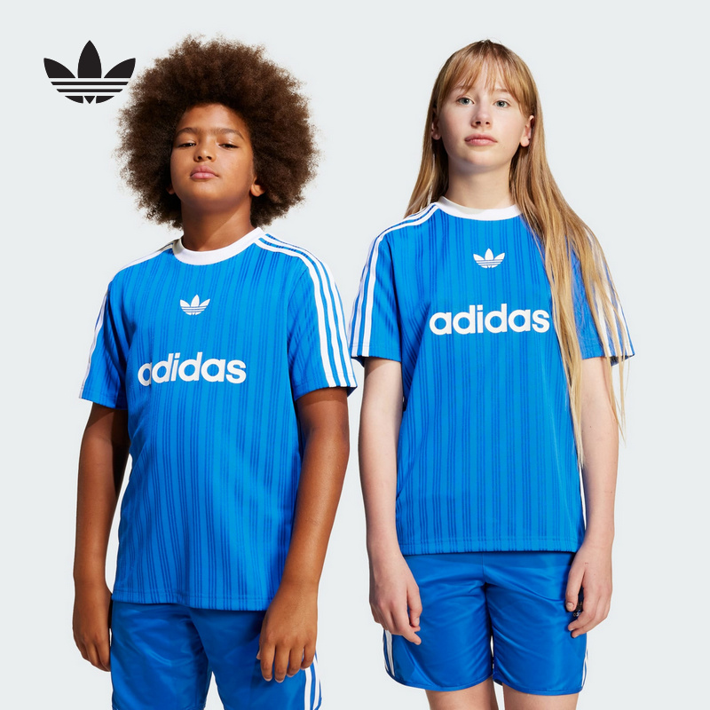 Adidas阿迪达斯男大童新款休闲三叶草复古运动条纹短袖T恤JC