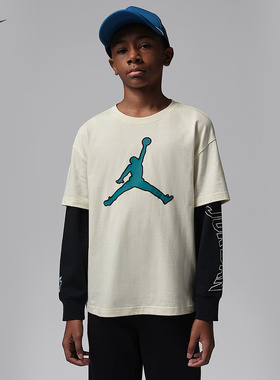 JORDAN耐克男大童新款棉质长袖T恤假两件针织运动上衣IU5372-133