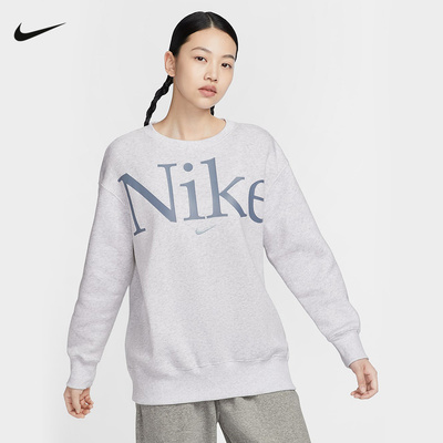 Nike耐克卫衣女春新款运动休闲印花宽松圆领薄绒套头衫FN3655-051